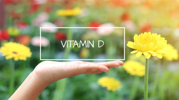 Håndløfter et rektangel, der siger 'D -vitamin' i et felt med gule blomster