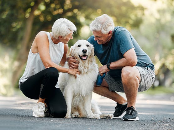 Older couple walking their dog together