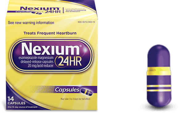 Nexium 24HR Cápsulas 42 Ct producto junto a la cápsula