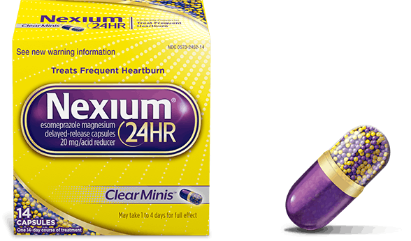 Nexium 24HR ClearMinis™ 42 Ct producto junto a la cápsula