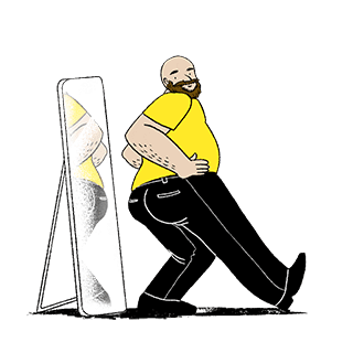 Illustrated man looking at his butt in mirror