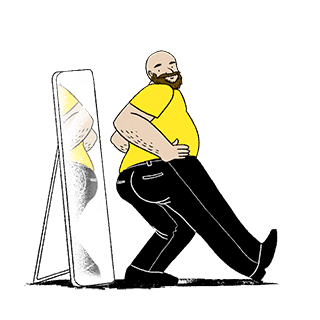 Illustrated man looking at his butt in mirror Illustrated man looking at his butt in mirror