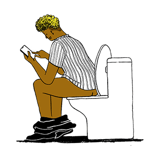 Illustrated person reading on the toilet