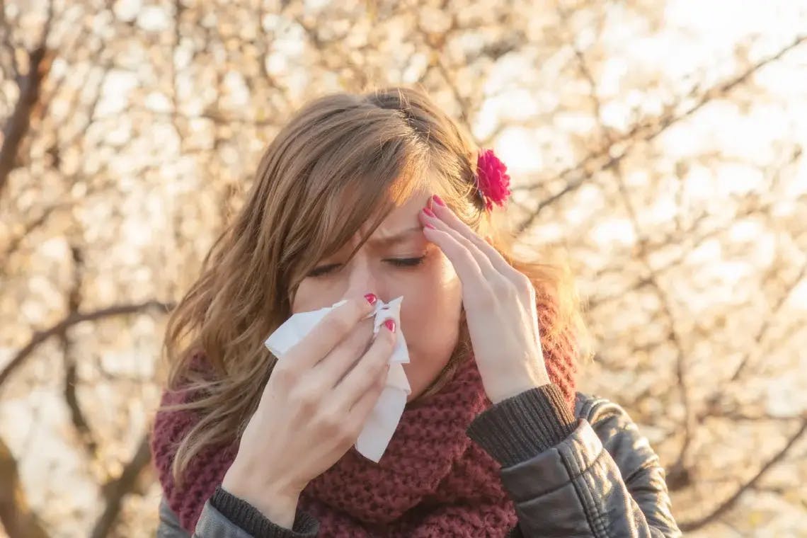 Young woman blowing her nose due to allergies and pressing her fingers to her head, due to a headache