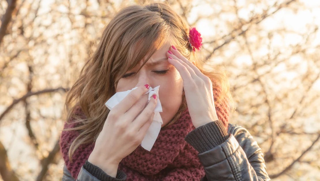 Young woman blowing her nose due to allergies and pressing her fingers to her head, due to a headache