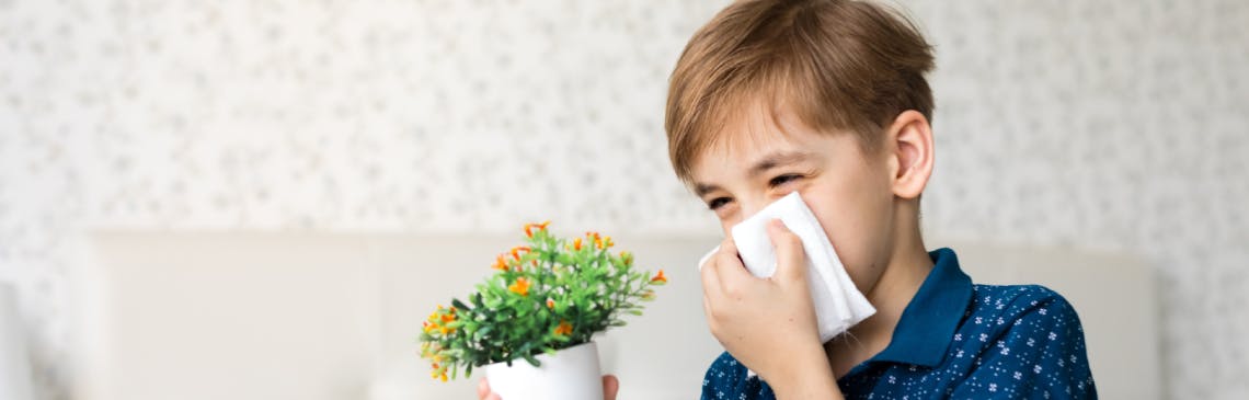 Young boy with allergies sneezes and holds houseplant