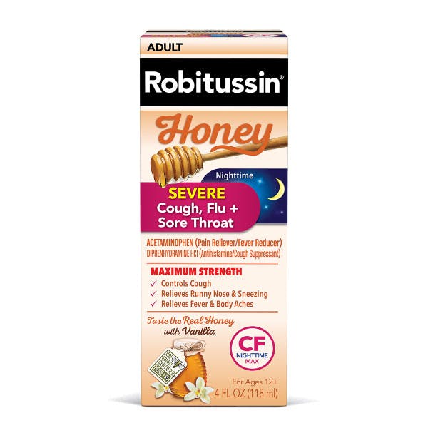 Robitussin Maximum Strength Honey Severe Nighttime Cough, Flu + Sore Throat Robitussin Maximum Strength Honey Severe Nighttime Cough, Flu + Sore Throat