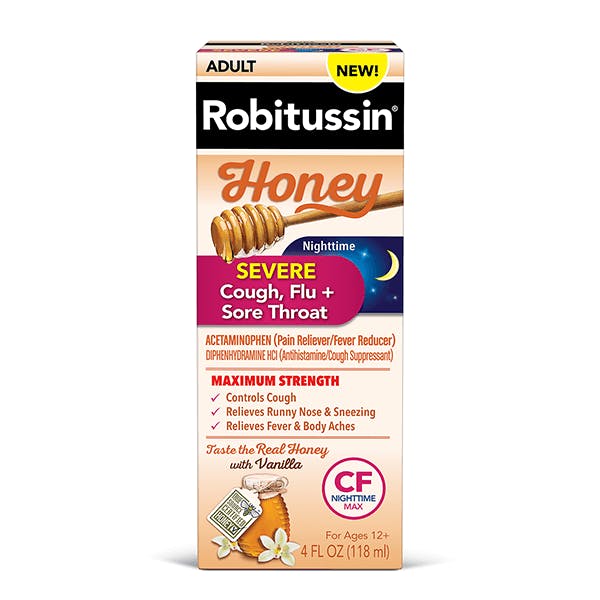 Robitussin Maximum Strength Honey Severe Nighttime Cough, Flu + Sore Throat Robitussin Maximum Strength Honey Severe Nighttime Cough, Flu + Sore Throat