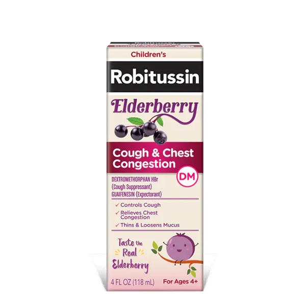 Old packaging of Robitussin Children’s Elderberry Cough + Chest Congestion DM