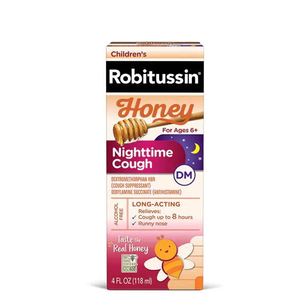 Old packaging of Children’s Robitussin Honey Nighttime Cough and Chest Congestion DM