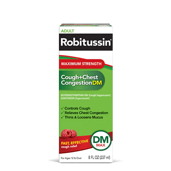 Old packaging of Robitussin Maximum Strength Cough and Chest Congestion DM