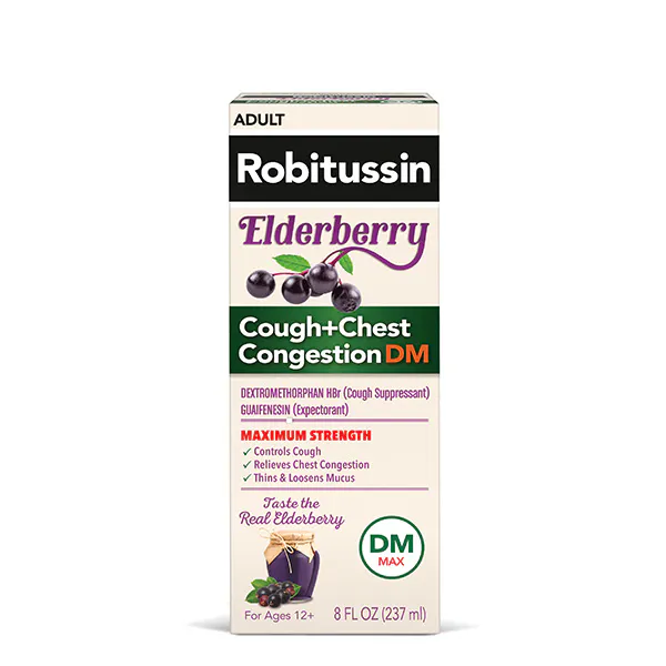 Old packaging of Robitussin Maximum Strength Elderberry Cough + Chest Congestion DM