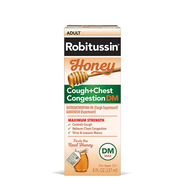 Previous packaging of Robitussin Maximum Strength Honey Cough + Chest Congestion DM