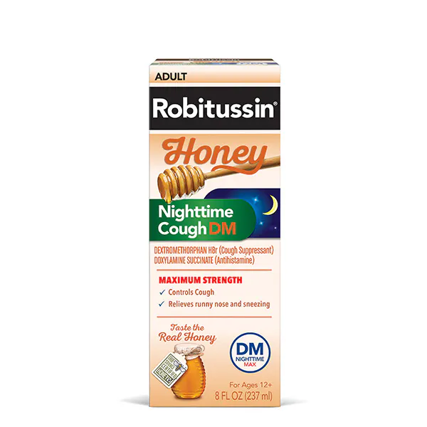 Previous packaging of Robitussin Maximum Strength Honey Nighttime Cough DM
