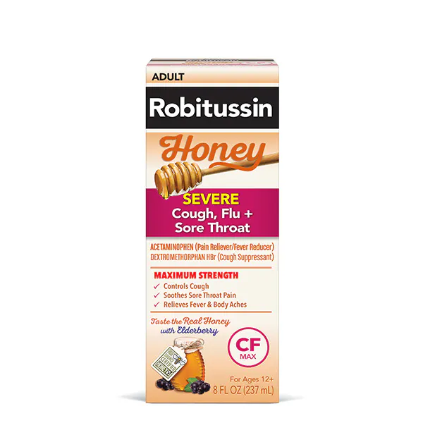 Old packaging of Robitussin Maximum Strength Honey Severe Cough, Flu + Sore Throat