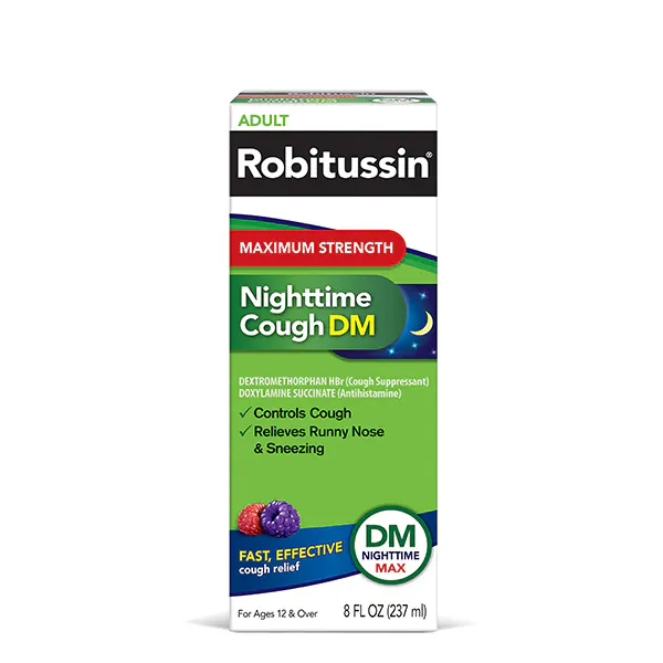 Old packaging of Robitussin Maximum Strength Nighttime Cough DM