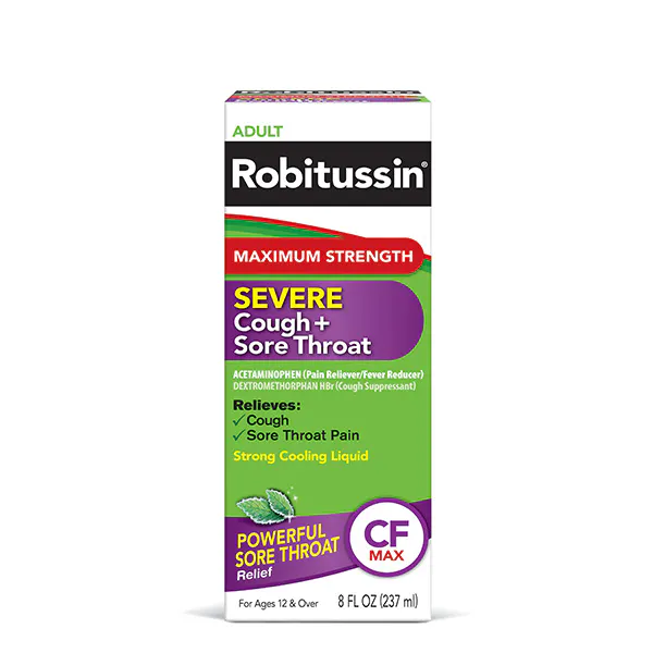 Old packaging of Robitussin Maximum Strength Severe  Cough + Sore Throat