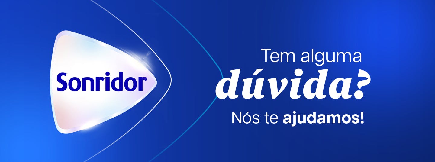 Banner azul com o logo do Sonridor e a frase "Tem alguma dúvida? Nós te ajudamos!", destacando a entrada da seção de perguntas frequentes. 