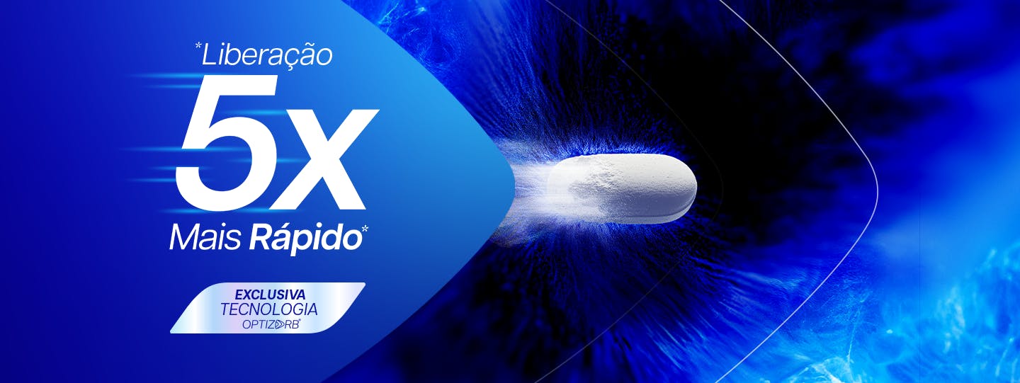 Ilustração de cápsula do Sonridor sendo liberada com tecnologia Optizorb, com texto “Liberação 5x mais rápida”.