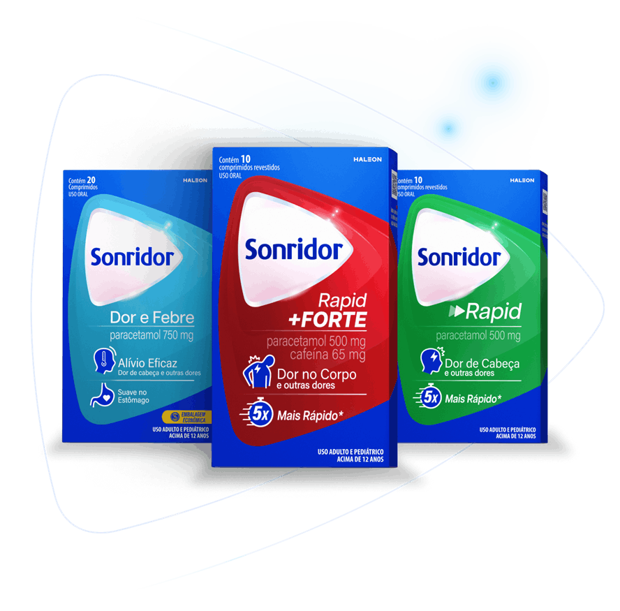 Linha completa de produtos Sonridor ao lado de explicações sobre sintomas como dor no corpo, dor de cabeça e febre. 