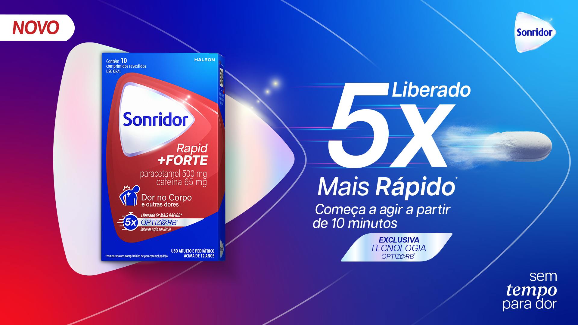 Caixa do medicamento Sonridor Rapid +FORTE em destaque sobre fundo azul, com os dizeres: "Liberação 5x mais rápido" e "Exclusiva Tecnologia Optizorb". A embalagem informa: paracetamol 500 mg, cafeína 65 mg, indicado para dores no corpo e outras dores. Também aparece o selo "5x mais rápido". O fundo azul possui linhas dinâmicas e efeitos de luz