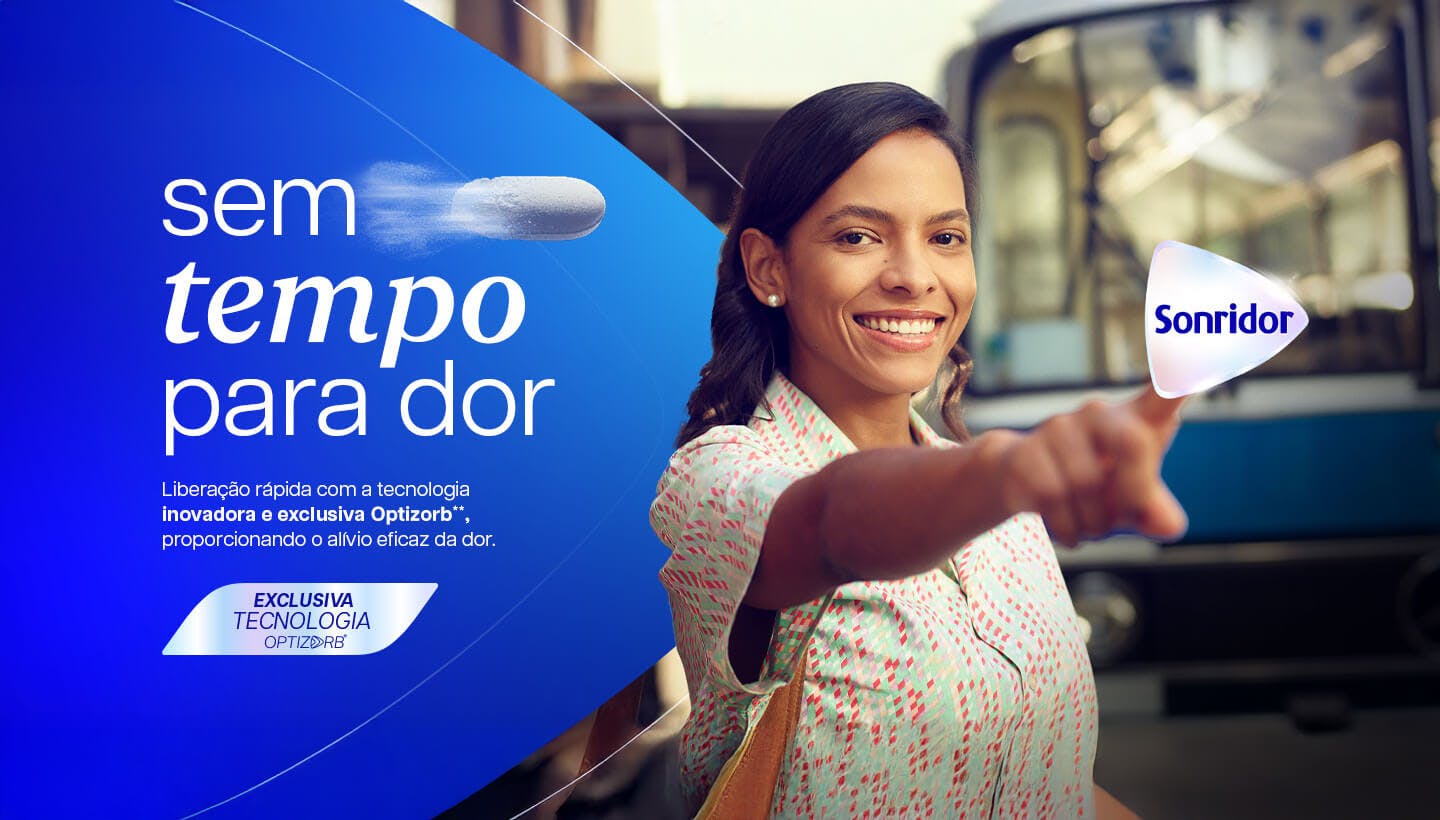 Mulher jovem sorrindo e apontando para a câmera, com fundo de ônibus azul desfocado. O logo Sonridor aparece ao lado de sua mão apontando. Ao lado da mulher, o texto: “sem tempo para dor”. O fundo azul exibe frases como “Liberação rápida com a tecnologia inovadora e exclusiva Optizorb, proporcionando o alívio eficaz da dor”. A embalagem do Sonridor aparece em destaque com o selo “EXCLUSIVA TECNOLOGIA Optizorb”