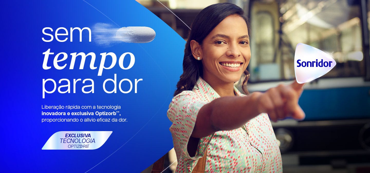 Mulher jovem sorrindo e apontando para a câmera, com fundo de ônibus azul desfocado. O logo Sonridor aparece ao lado de sua mão apontando. Ao lado da mulher, o texto: “sem tempo para dor”. O fundo azul exibe frases como “Liberação rápida com a tecnologia inovadora e exclusiva Optizorb, proporcionando o alívio eficaz da dor”. A embalagem do Sonridor aparece em destaque com o selo “EXCLUSIVA TECNOLOGIA Optizorb”
