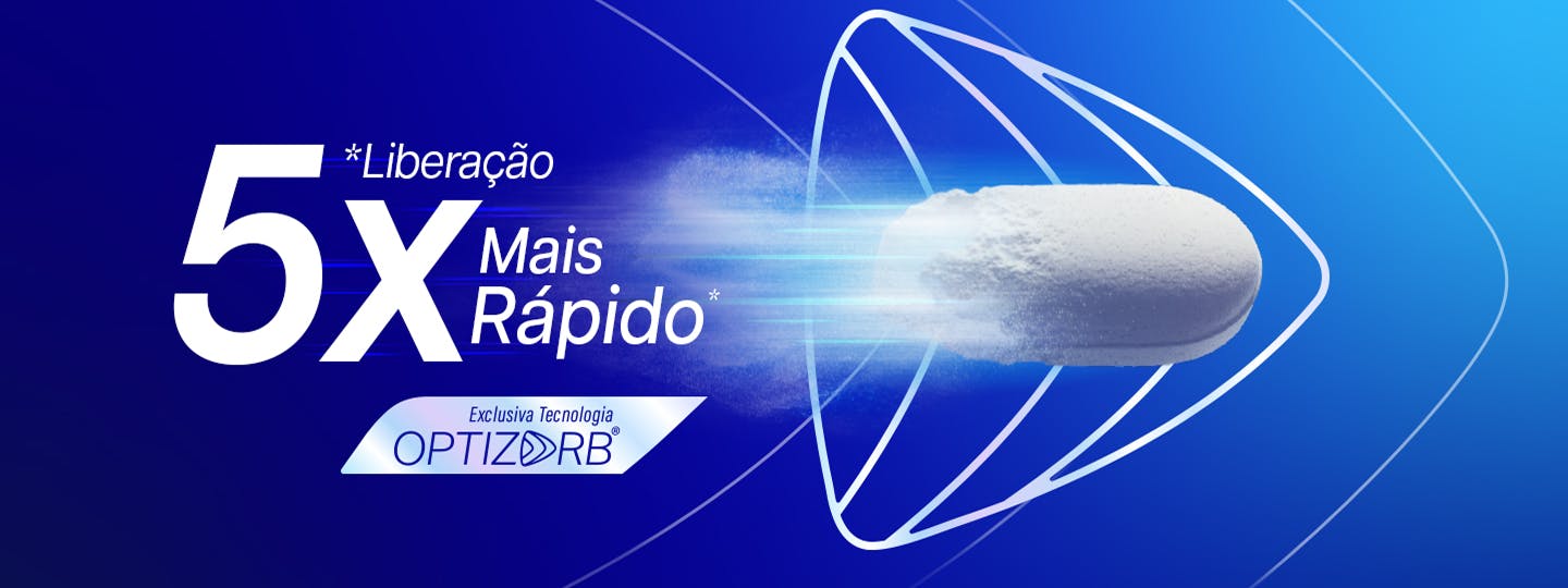 Ilustração de cápsula do Sonridor sendo liberada com tecnologia Optizorb, com texto “Liberação 5x mais rápida”.