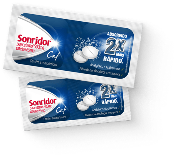 Embalagem efervescente do Sonridor Caf com paracetamol 500mg e cafeína 65mg, absorvido 2x mais rápido.