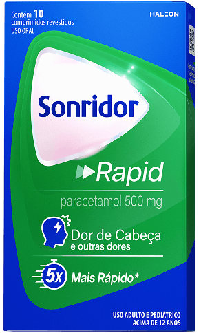 Embalagem do Sonridor Rapid com paracetamol 500mg, indicado para dor de cabeça e outras dores.
