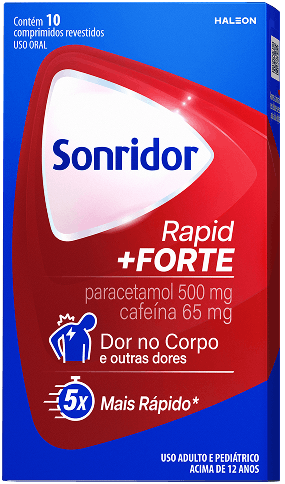 Embalagem do Sonridor Rapid +Forte, com paracetamol 500 mg e cafeína 65 mg, indicado para dor no corpo e outras dores.