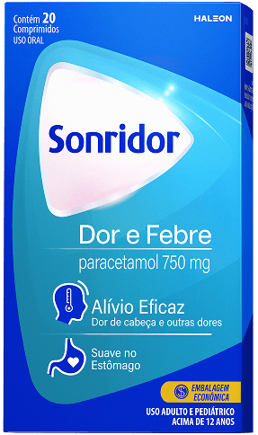 Embalagem do Sonridor Dor e Febre com paracetamol 750mg, alívio eficaz e suave no estômago.