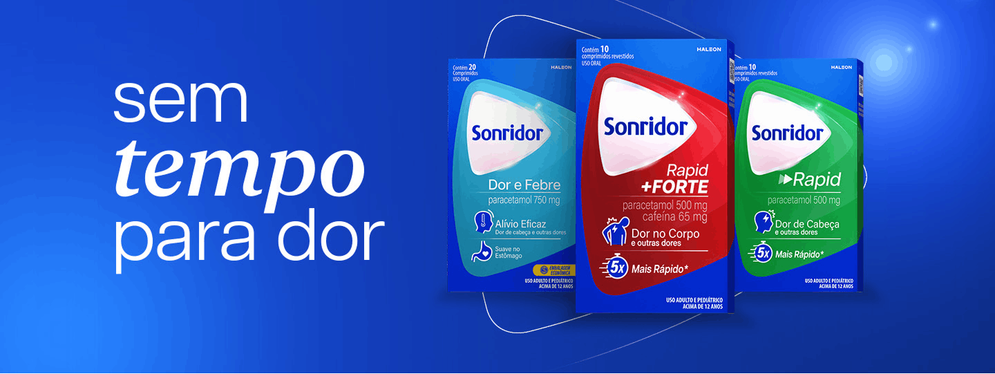 Imagem promocional com as embalagens dos produtos Sonridor Dor e Febre, Rapid + Forte e Rapid sobre fundo azul com o texto “sem tempo para dor”. 