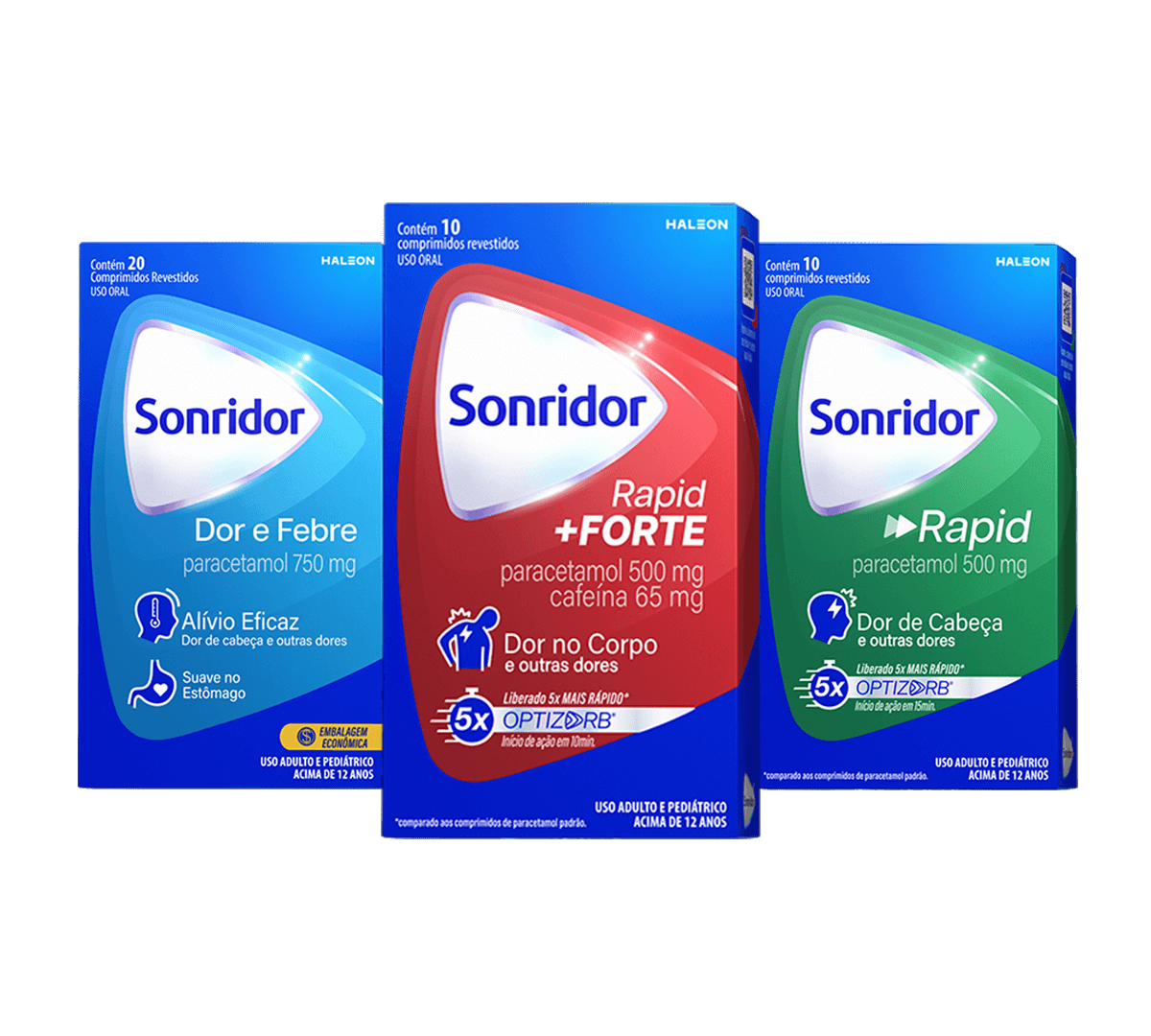 Linha completa de produtos Sonridor ao lado de explicações sobre sintomas como dor no corpo, dor de cabeça e febre.