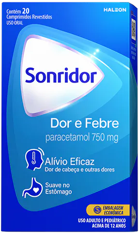 Embalagem do Sonridor Dor e Febre com paracetamol 750mg, alívio eficaz e suave no estômago.