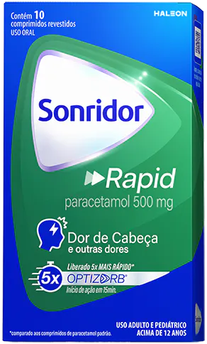Embalagem do Sonridor Rapid com paracetamol 500mg, indicado para dor de cabeça e outras dores.