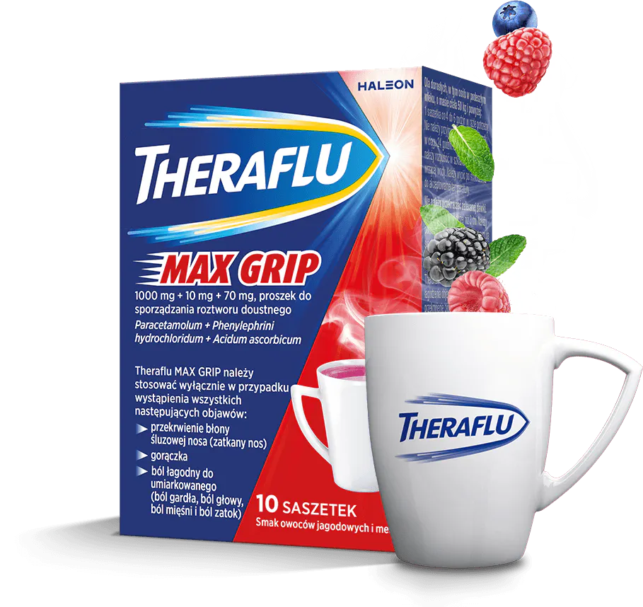 Theraflu Max Grip i kubek Theraflu na tle niebiesko-żółtej grafiki promocyjnej