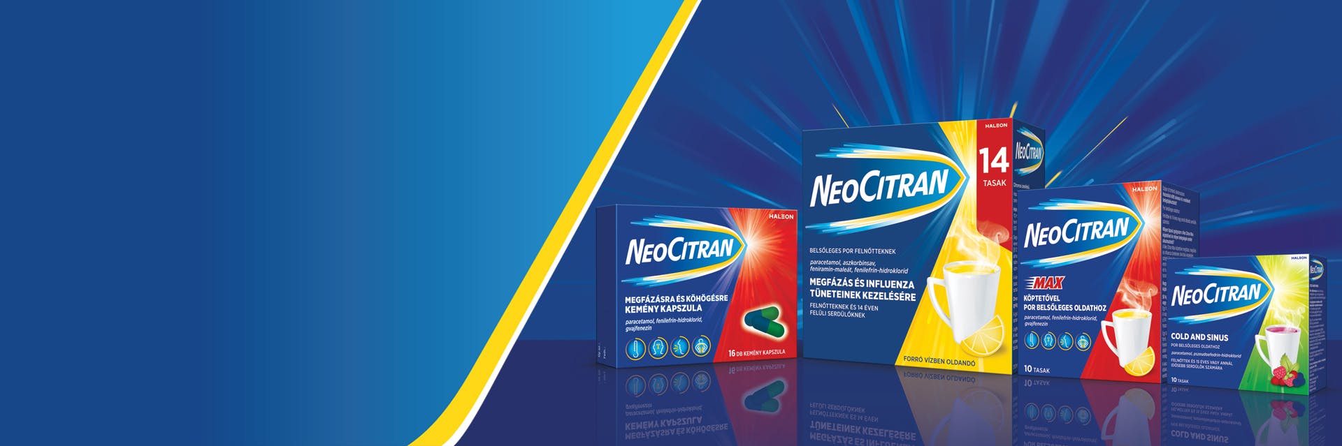 Promóciós banner, amely Neo Citran megfázás és influenza elleni termékeket mutat be különböző kiszerelésekben