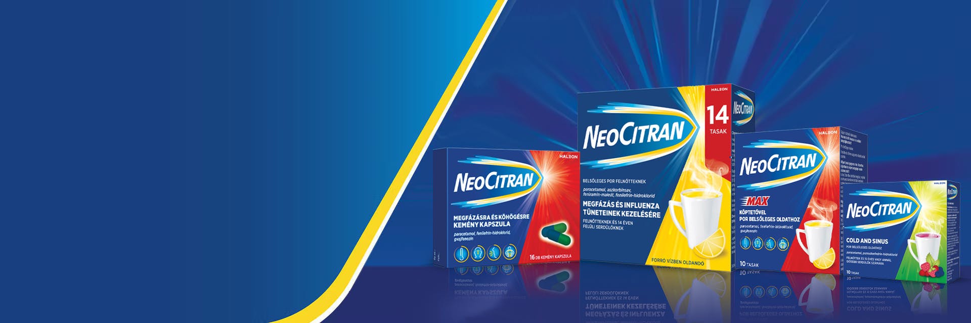 Promóciós banner, amely Neo Citran megfázás és influenza elleni termékeket mutat be különböző kiszerelésekben