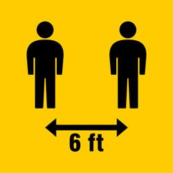 Two stick figures against yellow background with a vector in between them saying “6 feet”