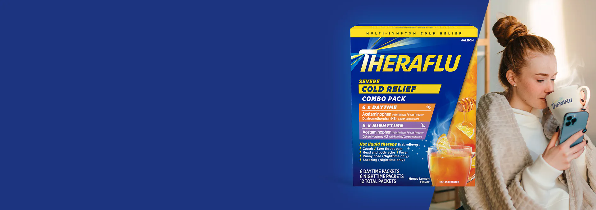 Theraflu products against a blue background
