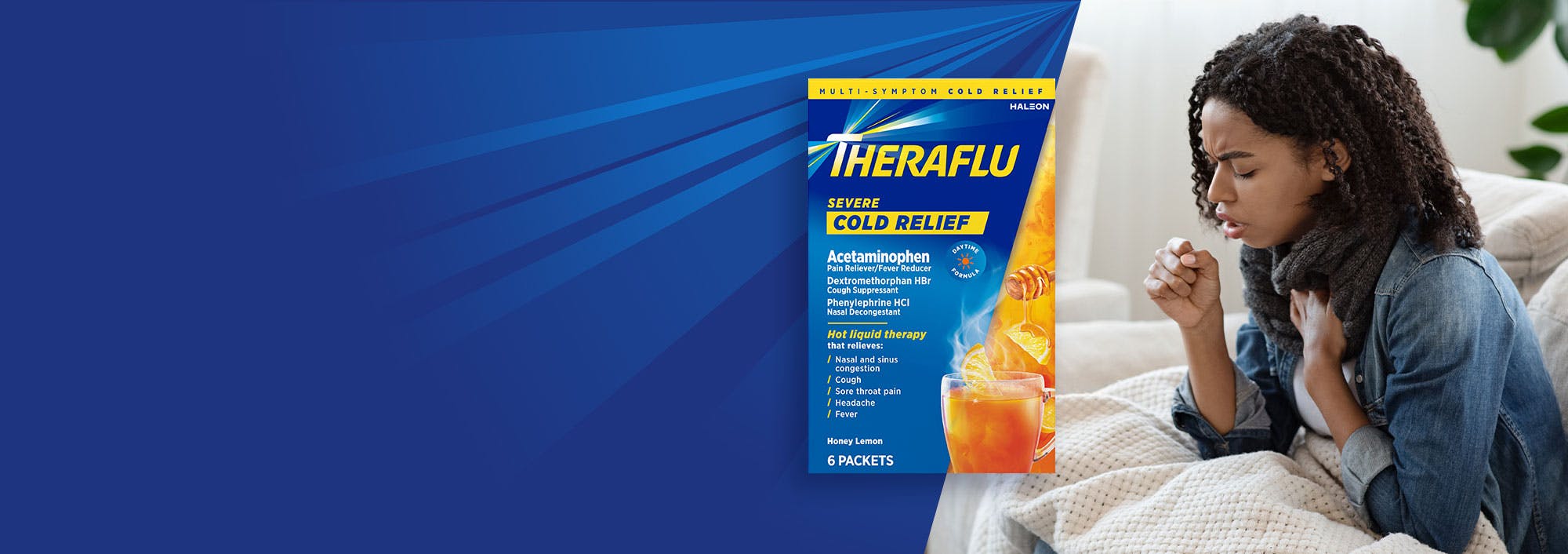 Theraflu products against a blue background