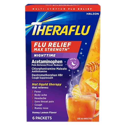 Box of Theraflu Nighttime Flu Relief Max Strength Hot Liquid Powder