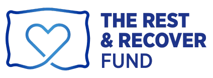 The Rest and Recover Fund logo. Blue pillow outline that weaves into a heart at the center, to the right it reads “The Rest & Recover Fund”. 