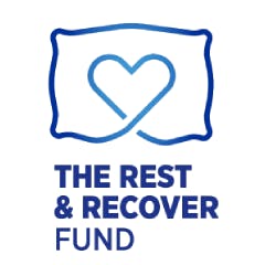 The Rest and Recover Fund logo. Blue pillow outline that weaves into a heart at the center, to the right it reads “The Rest & Recover Fund”.