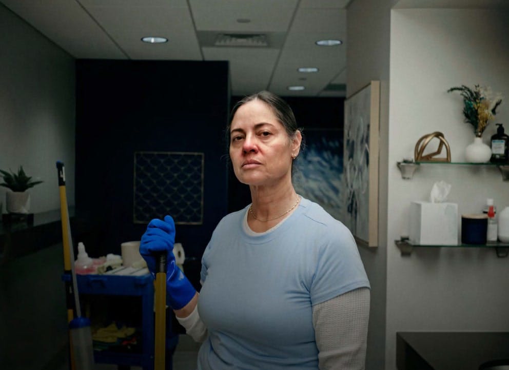 A woman is positioned in a room, donning blue gloves and holding a stick.