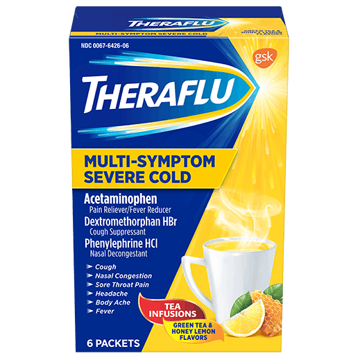 Theraflu Multi-Symptom Severe Cold & Cough Medicine - For Cold, Flu, Nasal Congestion, Cough, Body Ache, Sore Throat, Sinus Pain, Headache, Fever - Honey Lemon - 1 Each - 6 Per Box Theraflu Multi-Symptom Severe Cold & Cough Medicine - For Cold, Flu, Nasal Congestion, Cough, Body Ache, Sore Throat, Sinus Pain, Headache, Fever - Honey Lemon - 1 Each - 6 Per Box