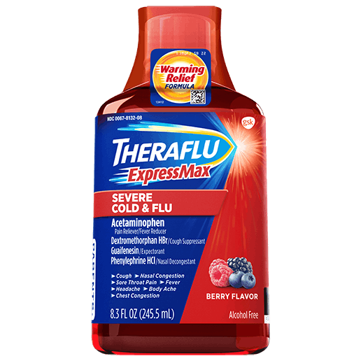 Bottle of Theraflu ExpressMax Severe Cold & Flu Syrup