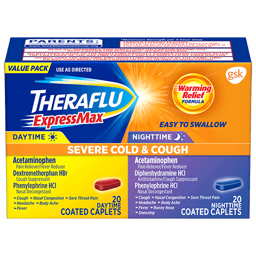 Box of Theraflu ExpressMax Severe Cold & Cough Value Pack Caplets