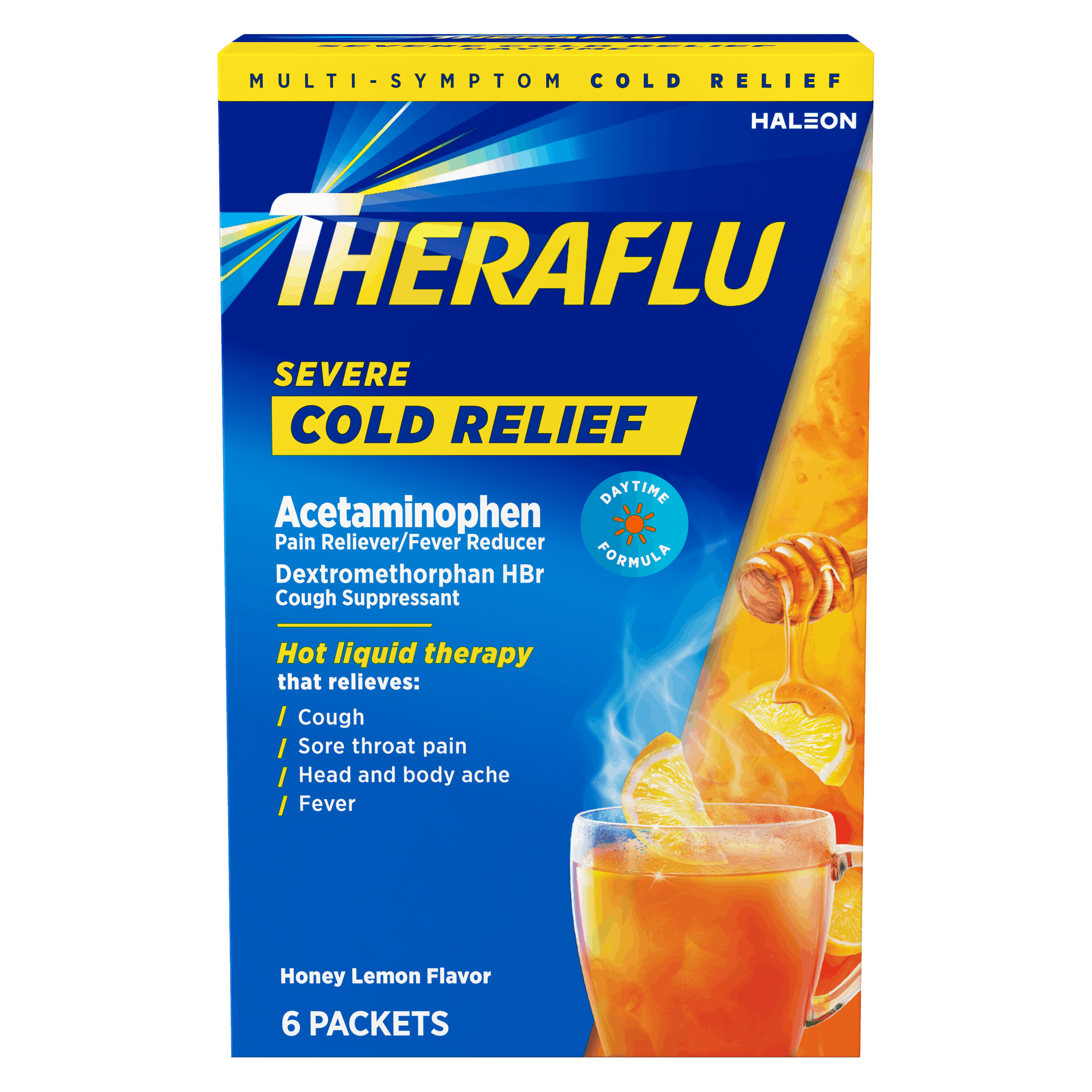 Image of Daytime Severe Cold Relief Honey Lemon Flavor Hot Liquid Powder packaging.